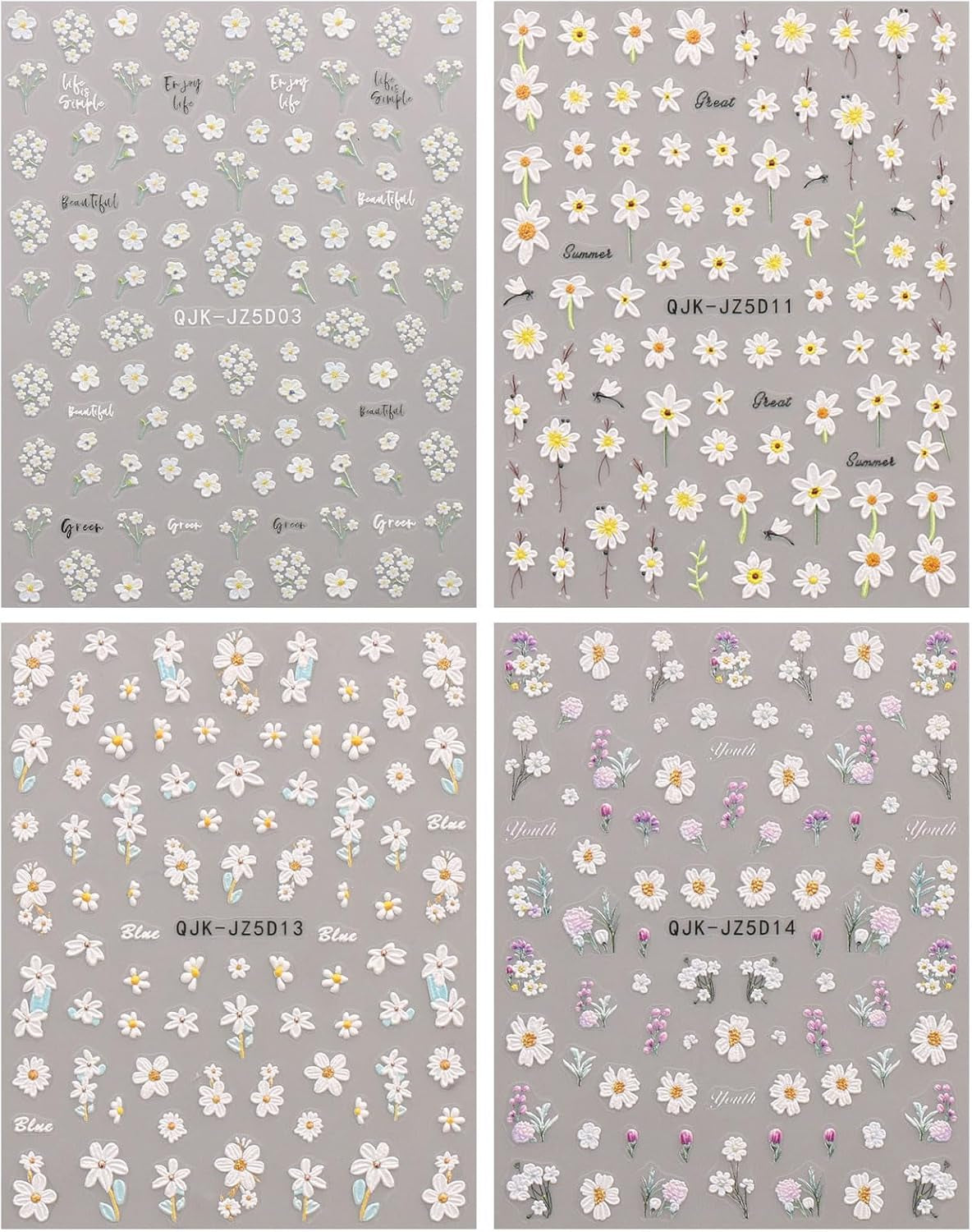 JMEOWIO 3D Nagelsticker Blumen Nail Art Sticker Selbstklebend Nagelaufkleber 5D Stereoskopisch Sommer Frühling Blumen Dekoration Nageldesign Zubehör 4 Blatt