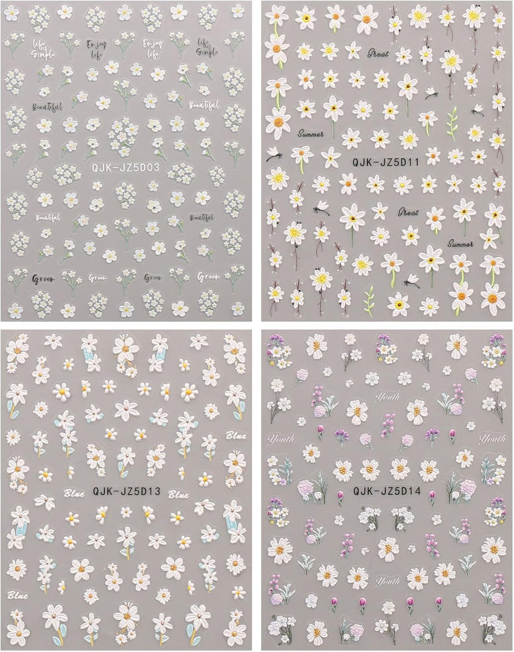 JMEOWIO 3D Nagelsticker Blumen Nail Art Sticker Selbstklebend Nagelaufkleber 5D Stereoskopisch Sommer Frühling Blumen Dekoration Nageldesign Zubehör 4 Blatt