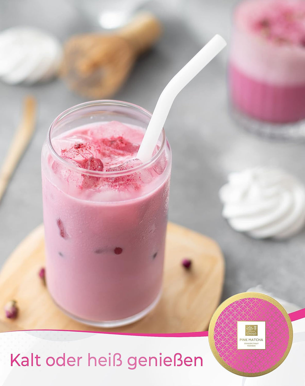 Tea Uniqo - Ceai Matcha roz pudră - Ideal pentru înghețată, latte, shake-uri, coacere sau gătit - Pudră de fructul dragonului Pitaya, 100% natural, fără aditivi, în cutie resigilabilă