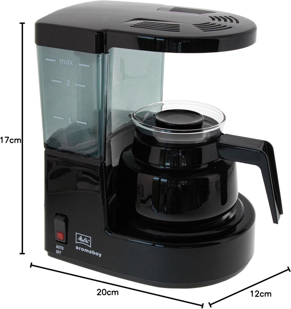 Melitta Aromaboy – aparat mic de cafea cu filtru și carafă de sticlă, pentru până la 2 cești de cafea, negru