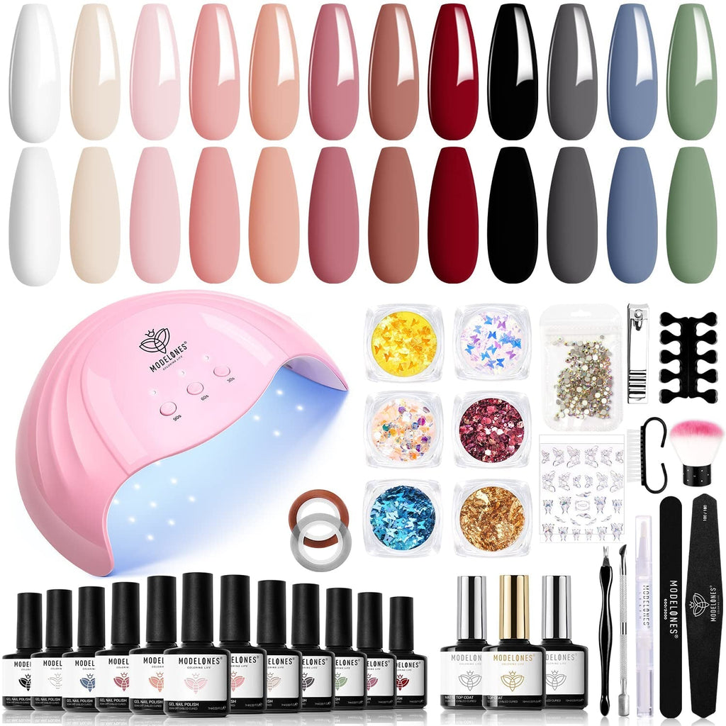 Modelones Set de 35 de bucăți pentru unghii cu gel, Set de ojă UV cu lampă 48W, Set de ojă gel maro nud alb roz, Set de ojă gel UV cu bază top coat Set studio unghii