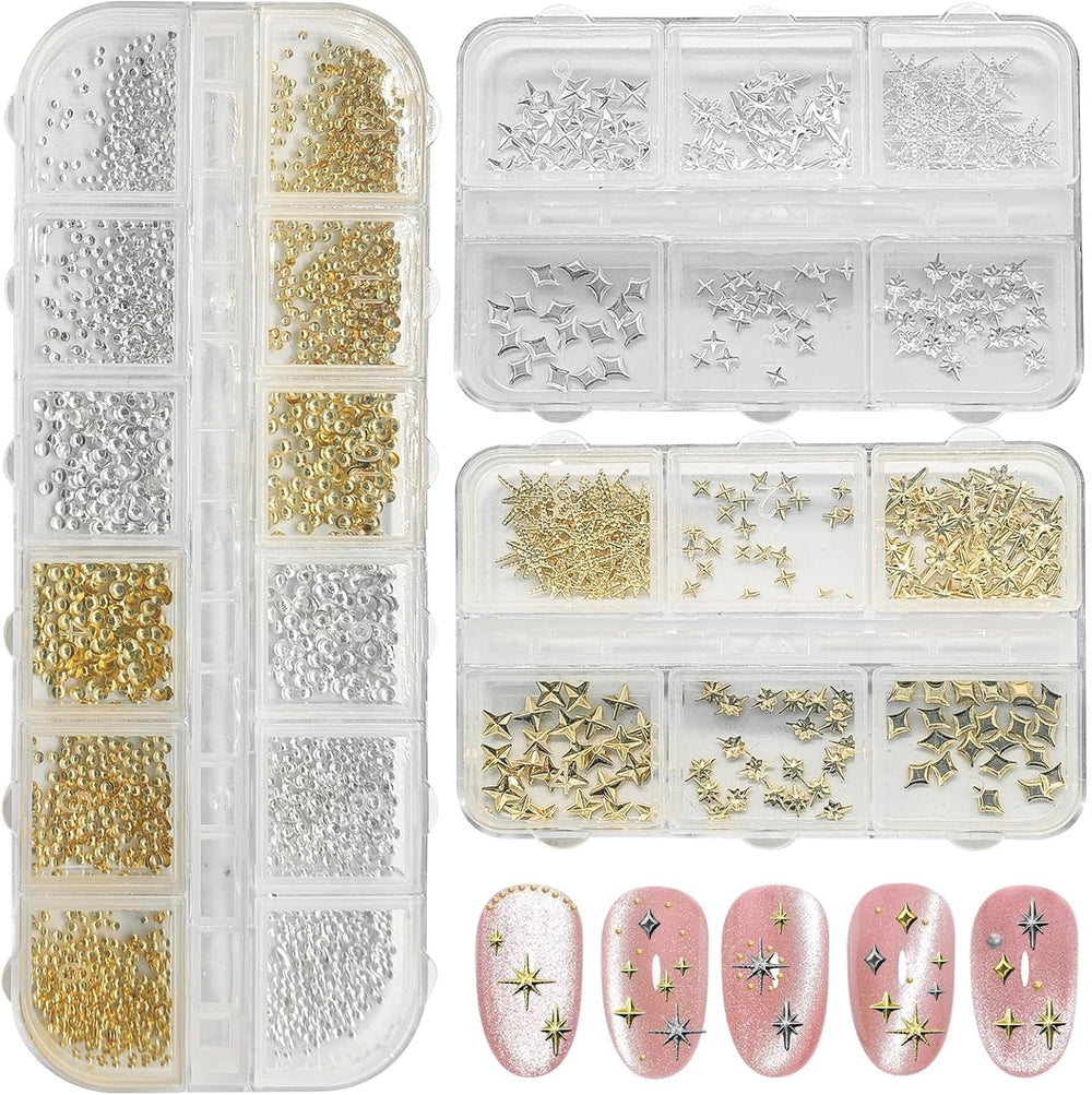 3400 Stück Goldene Und Silberne Sternperlen, Goldene Nagelanhänger, Zubehör Für Nagelschmuck, Schöne Sternnagelanhänger Für Nägel,Nail Art Rhinestones