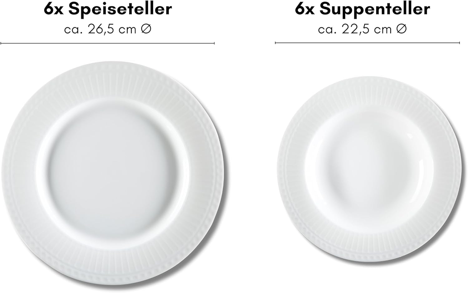Ritzenhoff & Breker Sofia Tafelservice 12-teilig, Speiseteller (26 cm) und Suppenteller (22 cm) für 6 Personen, Tafel-Set mit feinem Rillenrelief, Fine-Dining-Geschirr, Porzellan, Weiß