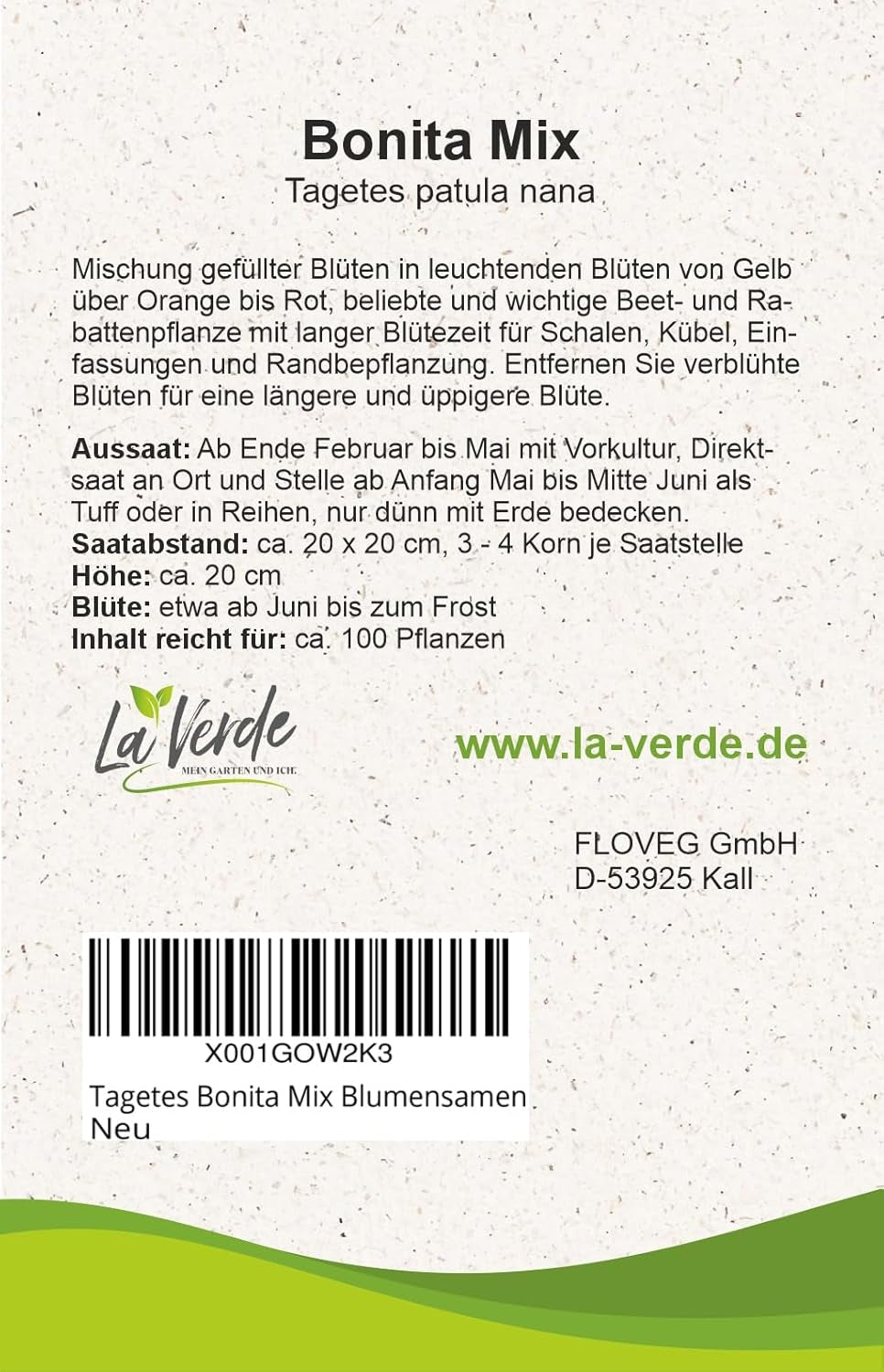 La Verde MEIN GARTEN UND ICH. Tagetes Bonita Blumensamen mischen für ca. 100 Pflanzen, langblühende Ringelblumen, gefüllte Blüten, gentechnikfreie Samen