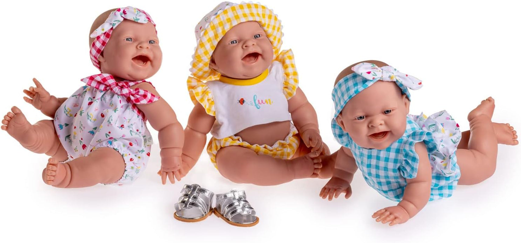 JC Toys - Lola Lemon Twist Puppe, 36 cm, weiches Vinyl, lächelndes Gesicht, sitzende Puppe, Kleidung mit Vichy und Sandalen, Mädchen, 2 Jahre