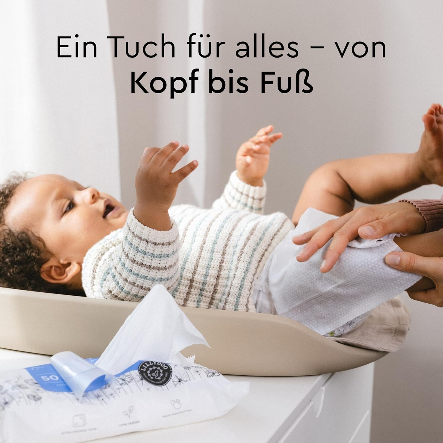 LILLYDOO Feuchttücher, 50 Stück, 100 % plastikfrei, extragroß, geruchsneutral
