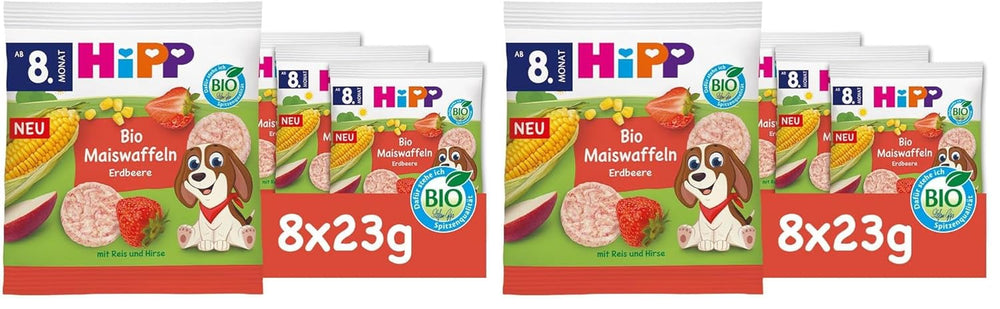 HiPP Bio-Maiswaffeln mit Erdbeeren (8 x 23g), Snack für Babys ab 8 Monaten, nur mit Obst und Gemüse gesüßt, glutenfrei, beste Bio-Qualität (2er-Pack)