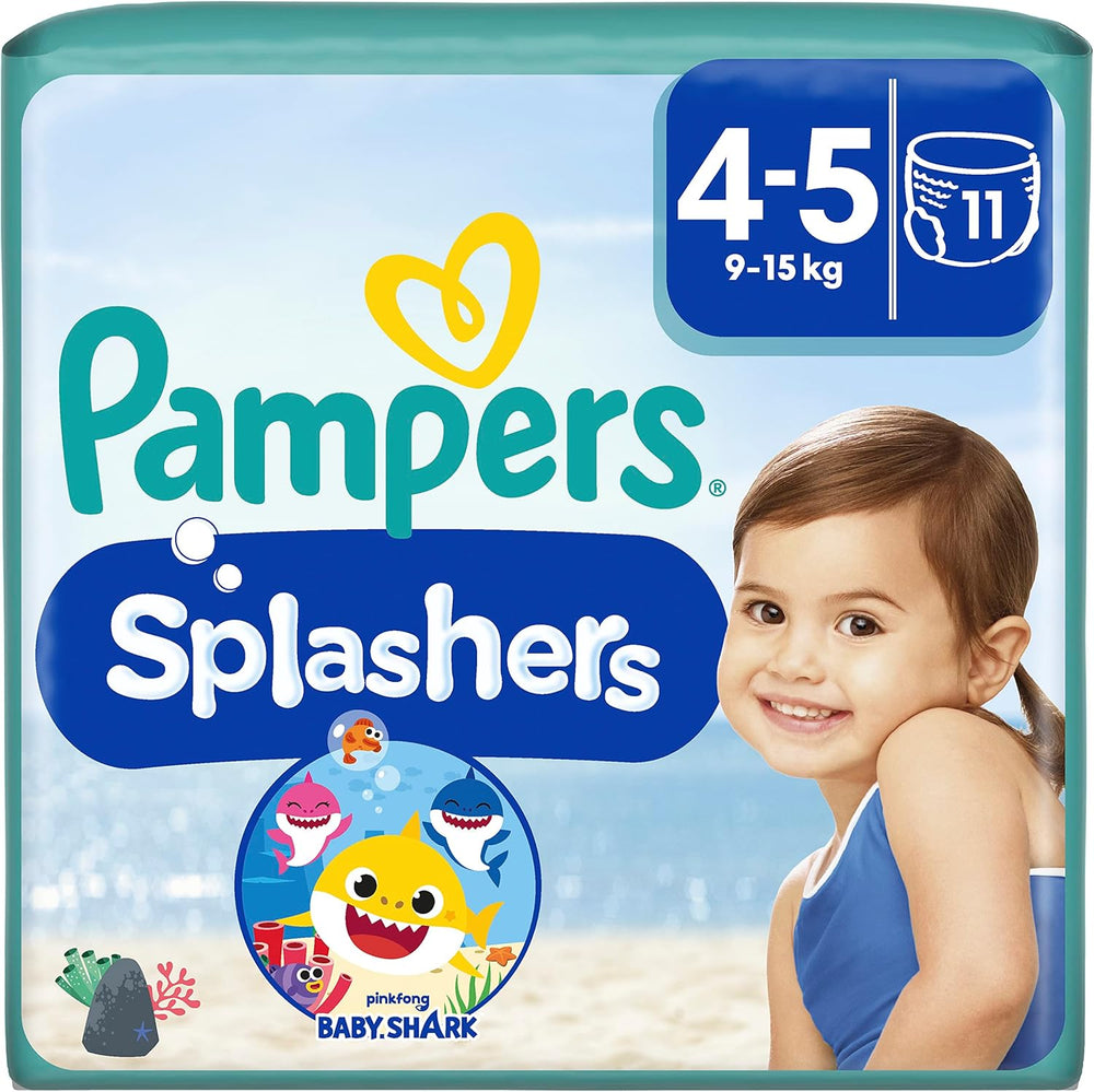 Pampers Splashers Baby Shark Limited Edition Einweg-Schwimmwindeln 4–5, 11, 9 kg–15 kg, für sicheren Schutz im Wasser