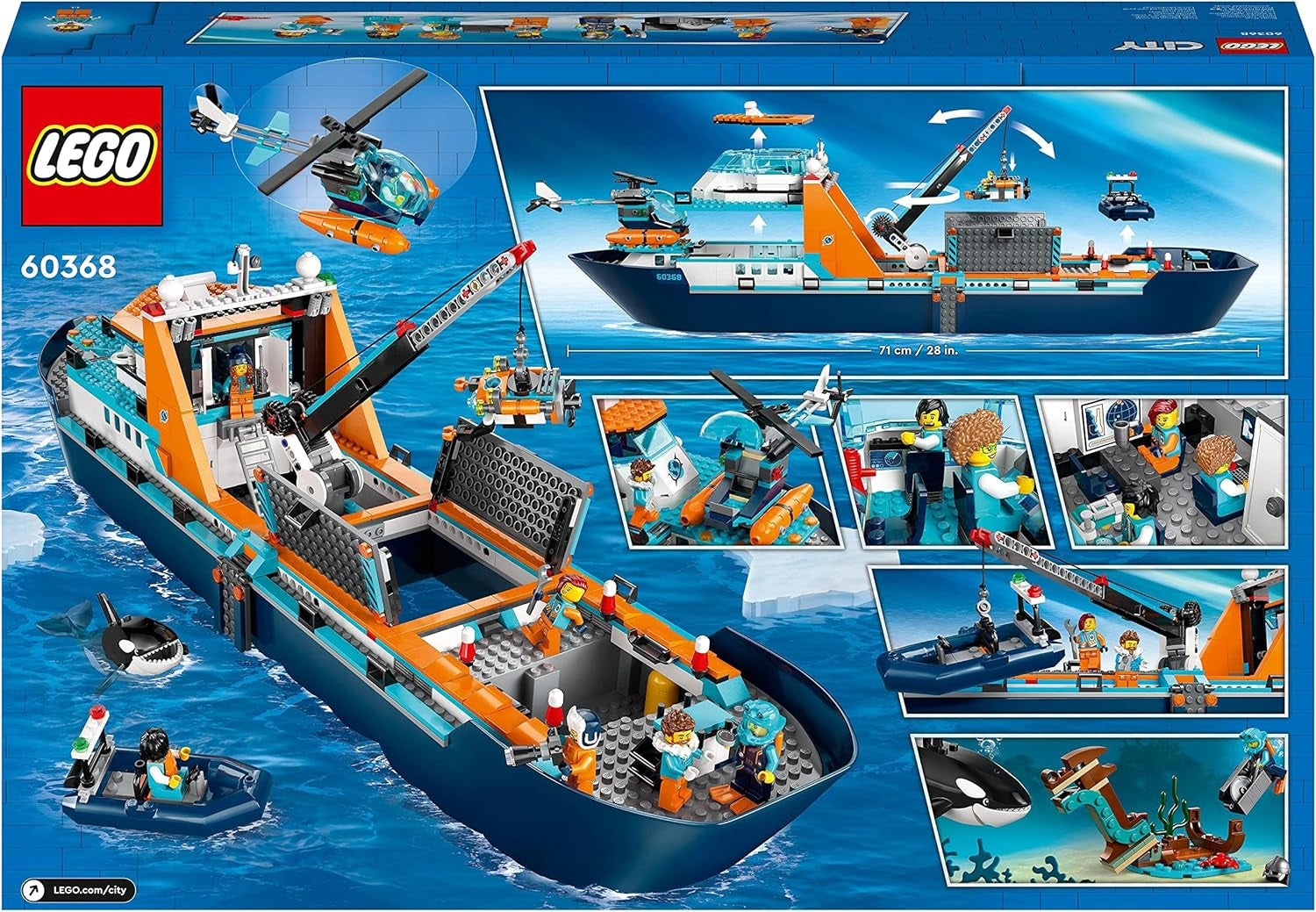 LEGO City Arktisches Forschungsschiff, großes schwimmendes Spielzeugboot mit Hubschrauber, Schlauchboot, Rov-U-Boot, Wikingerwrack, 7 Minifiguren und Orca-Figur, Geschenk für Kinder ab 7 Jahren 60368 Bausets Besuchen Sie den LEGO-Store