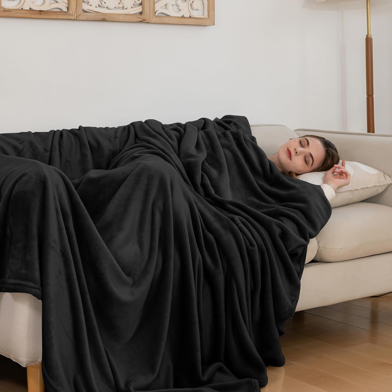 Gemütliche Decke, flauschige Fleecedecke, 130 x 150 cm, Bettdecken, Couchdecke, große weiche Decken und Überwürfe für Erwachsene, Sofaüberwürfe, warm, maschinenwaschbar, schwarze Betten und Decken, Good Nite