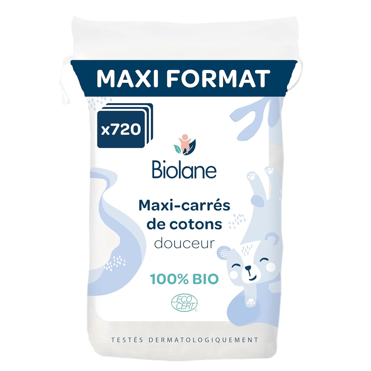 BIOLANE 12 Maxi Squares Nasseinlagen – Babys – 100 % Bio – 720 Baumwolle – für empfindliche Haut – Wickel- und Toilettenartikel – ab der Geburt – hergestellt in Frankreich