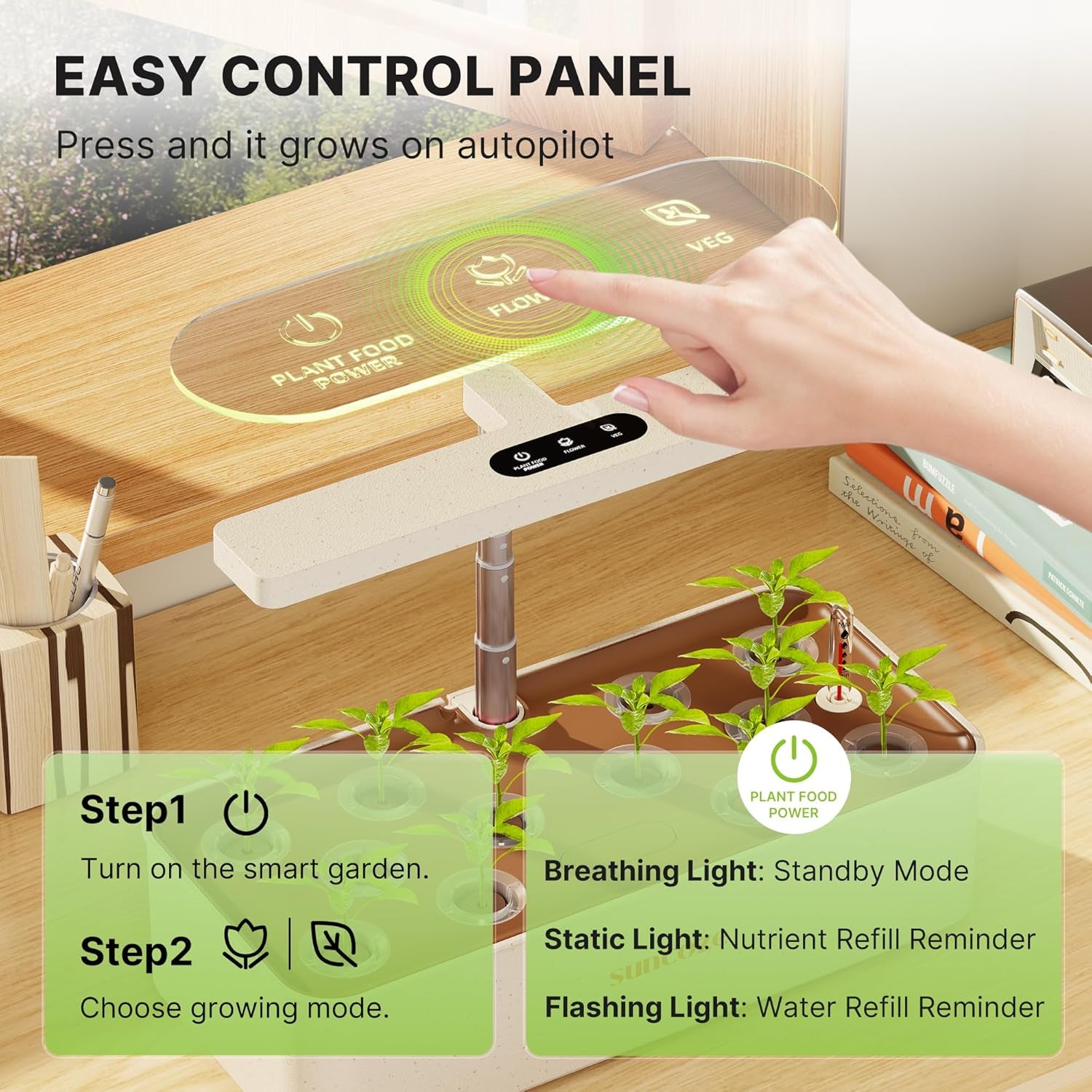 12 Kapseln Hydrokultur-Anbausystem-Kit, 24-W-LED-Gartenlampe für den Innenbereich, 4-Liter-Wassertank mit leiser Pumpe, höhenverstellbarer Kräuterpflanzer, Indoor-Gartenset, Gartengeschenke, Beige