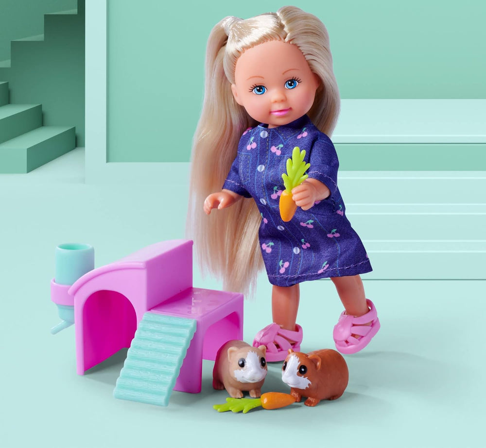Simba Evi Love Guineea Pigs, păpușă de joacă cu doi porcușori de Guineea și căsuță, sticlă de apă și morcovi, 12 cm, vârste 3+
