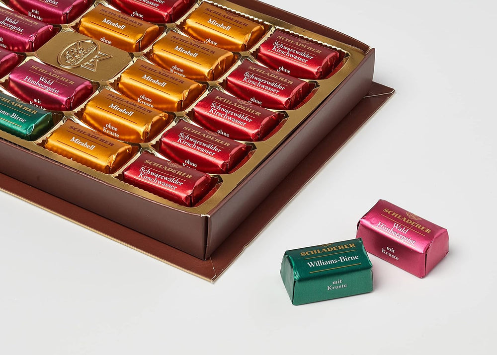RCP Schladerer Pralinen, feines Sortiment, Vollmilch- und Zartbitterschokolade, mit und ohne Zuckerkruste, flüssige Füllung, alkoholhaltig, tolles Geschenk, 255g