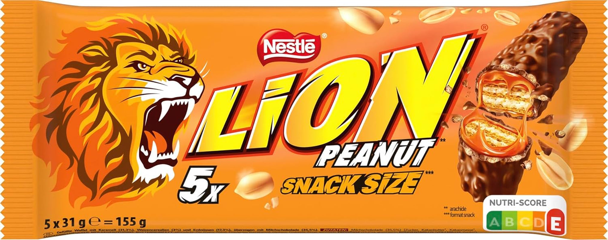 Erdnussschokoladenriegel mit Milchschokoladenüberzug, köstliche Karamellfüllung, Erdnüsse und knusprige Waffeln, Großpackung Süßigkeiten, 1 Packung (5 x 31 g)