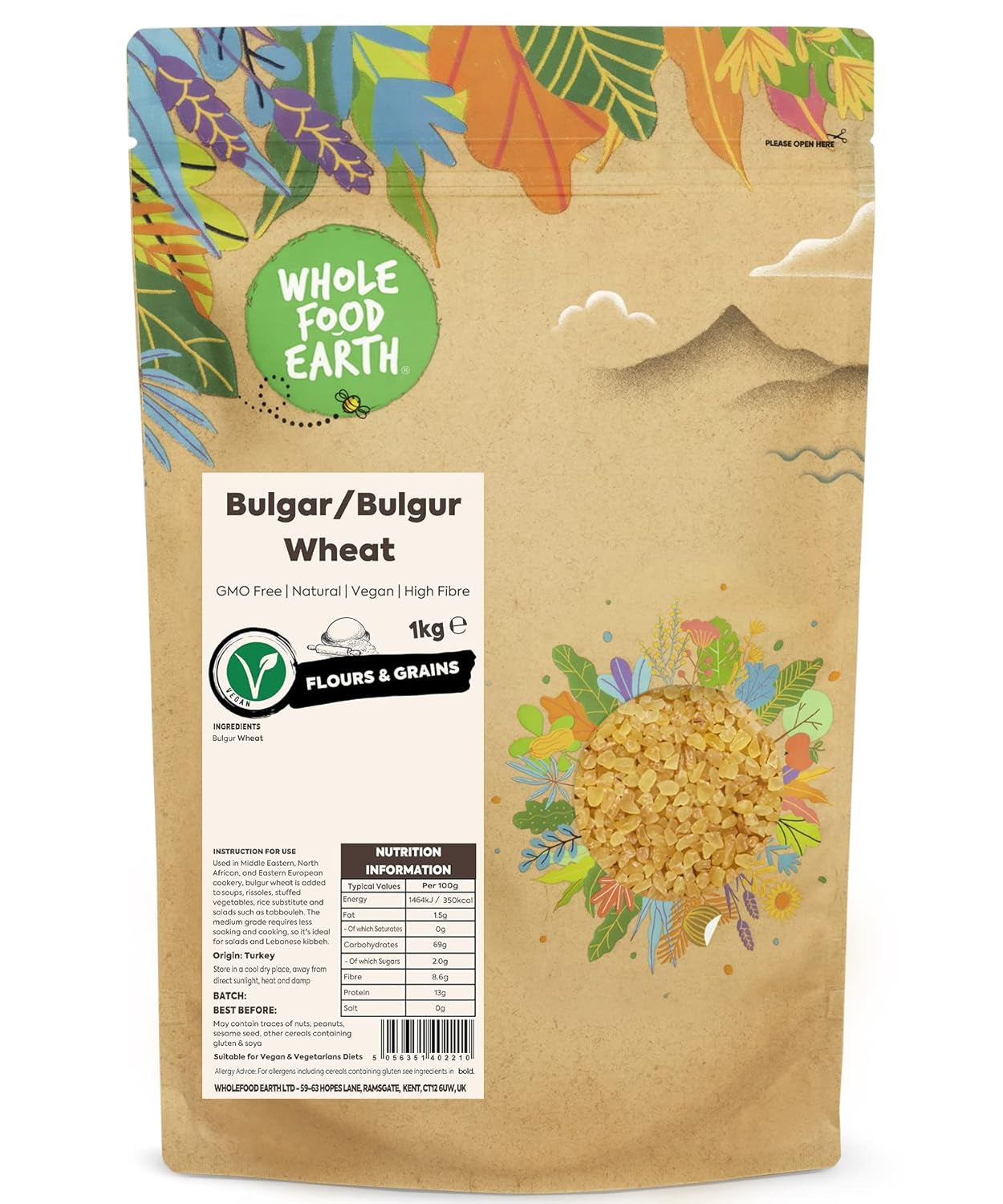 Wholefood Earth Weizenbulgur – gentechnikfrei – natürlich – vegan – milchfrei – ohne Zuckerzusatz, 500 g