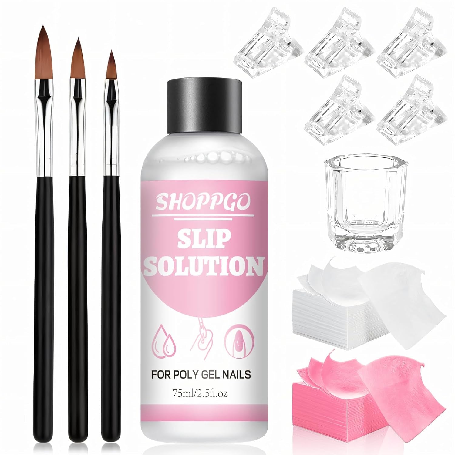Soluție de îndreptare Polygel, Kit pentru unghii Polygel Slip Solution, Soluție de îndreptare 75 ml, Include 5 cleme pentru vârfuri de unghii, 3 perii de unghii, 1 cupă de cristal, 100 foi de curățare