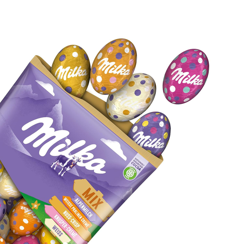 Mischung für Milka-Eier – Bunte Mischung aus gefüllten Schokoladeneiern zu Ostern, in fünf Varianten – 350g