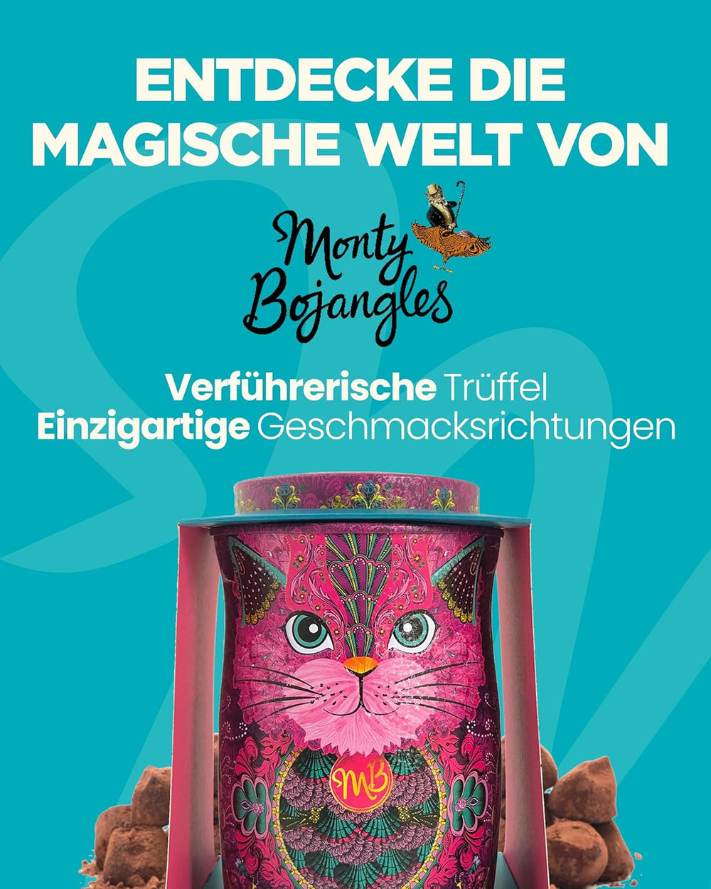Monty Bojangles Savanna Gold Schokoladentrüffel (135 g), Kakaopulver-Pralinen-Geschenkset in einer individuellen Sammlerbox im Katzendesign, Flutter Scotch-Geschmack