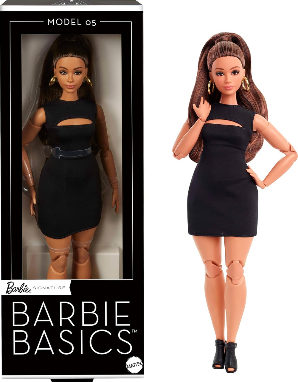 Barbie Basics Model 5, Păpușă de colecție cu păr brunet, rochie mini neagră și tocuri înalte, croială universală, corp articulat cu forme feminine, JBH73