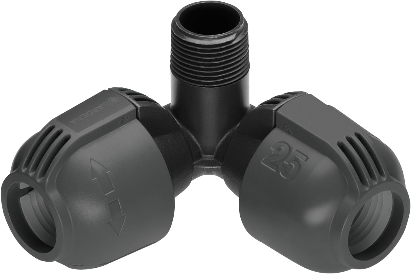 Sistem de irigații Gardena, piesă în L: Conector pentru schimbarea direcției conductei de alimentare, 25 mm, tehnologie de conectare Quick&Easy, compatibil cu conductele de alimentare Gardena de 25 mm, asamblare fără unelte (2773-20)