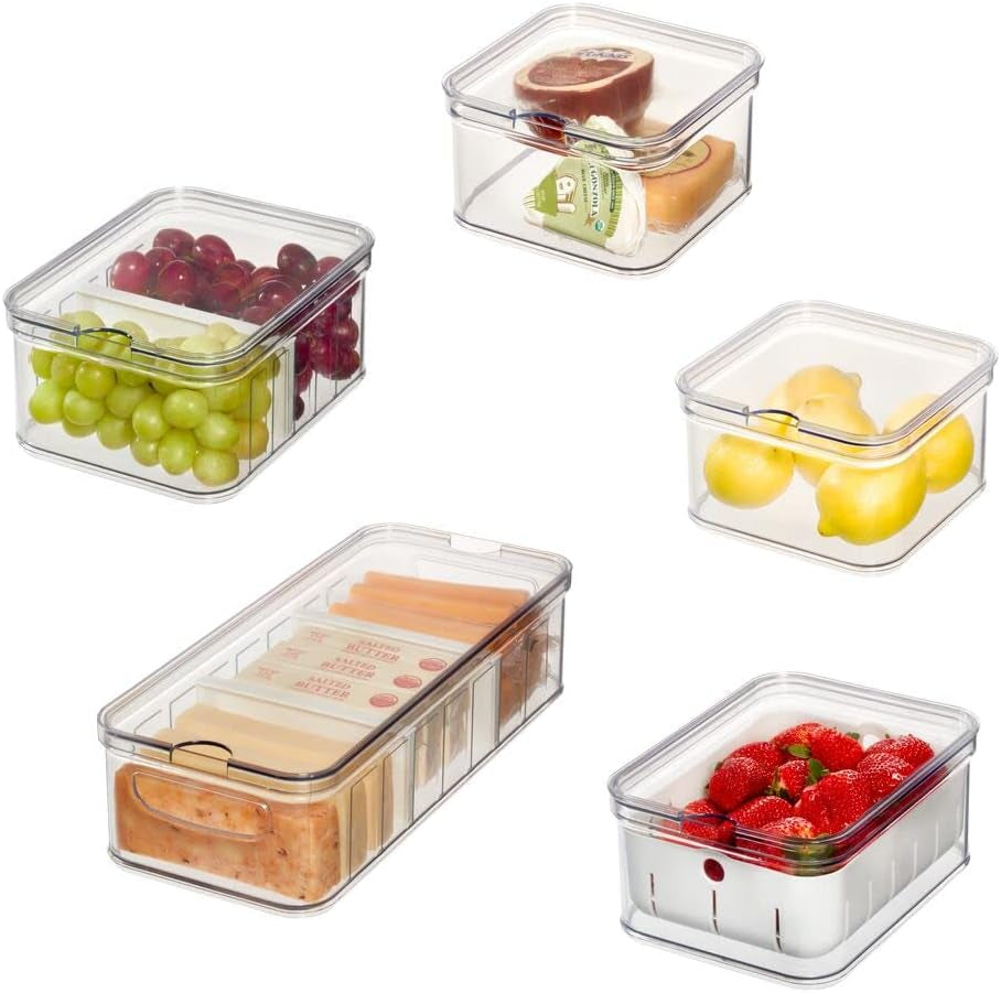 Cutii de depozitare iDesign, organizator frigider cu capac într-un set de 5, cutii de depozitare a alimentelor din plastic reciclat pentru organizarea consumabilelor, transparente și albe Cutii depozitare alimente Naty Shop Transparent, alb Set de 5