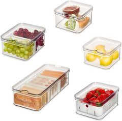 Cutii de depozitare iDesign, organizator frigider cu capac într-un set de 5, cutii de depozitare a alimentelor din plastic reciclat pentru organizarea consumabilelor, transparente și albe Cutii depozitare alimente Naty Shop Transparent, alb Set de 5