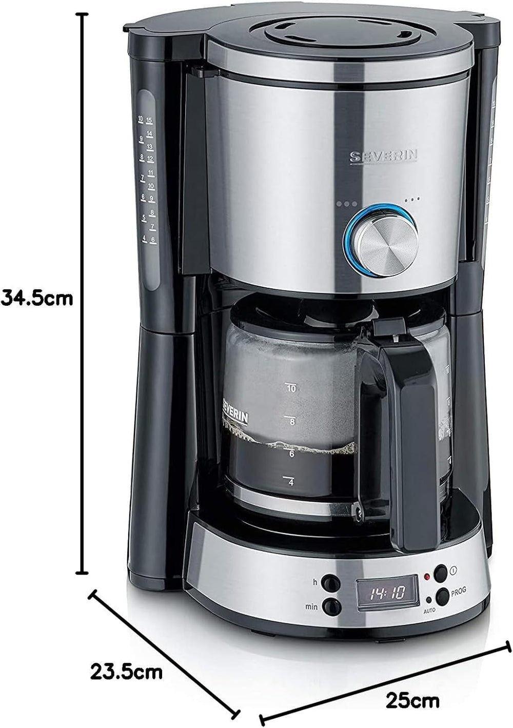 Espressor SEVERIN „TypeSwitch” cu carafă de sticlă și cronometru, AromaSwitch pentru alegerea a 2 opțiuni de preparare, ceas digital cu funcție de cronometru, pentru până la 10 cești, 1000W, oțel inoxidabil periat-negru, KA 4826