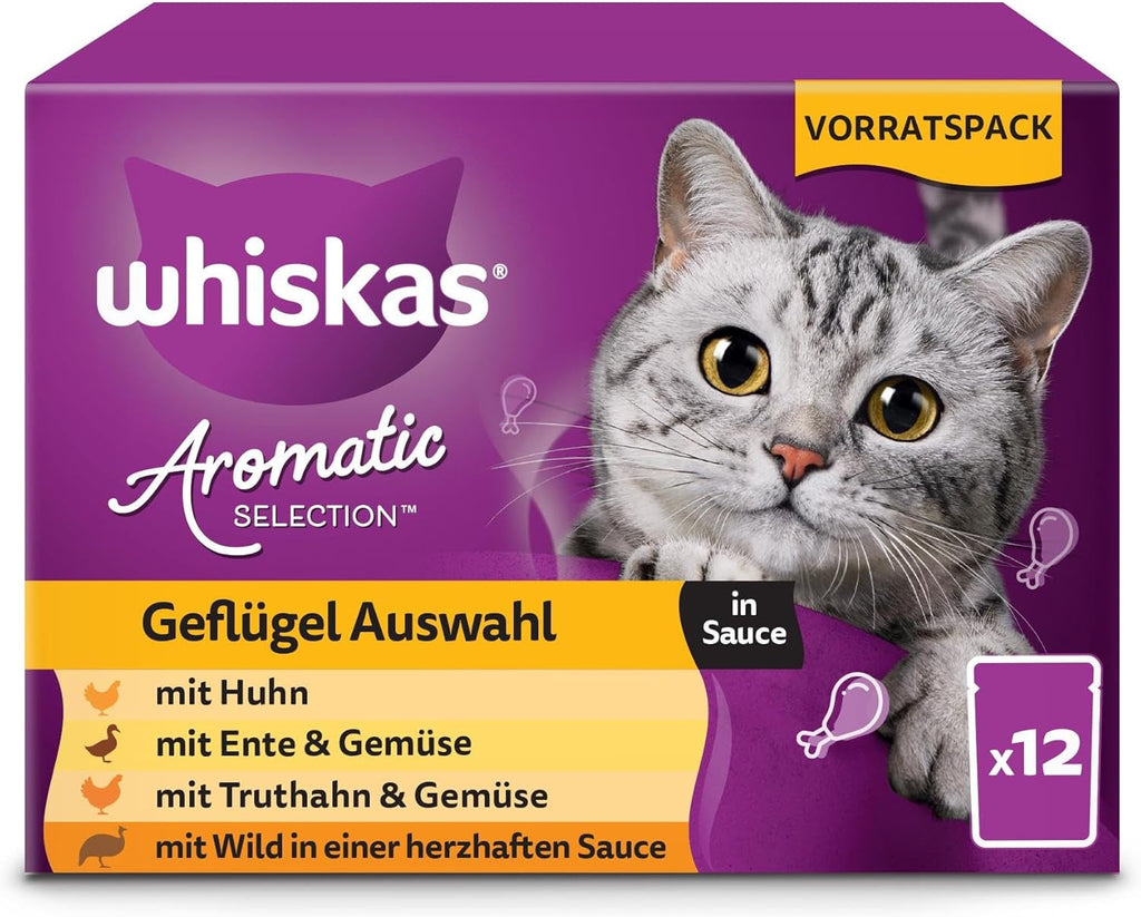 WHISKAS Aromatic Selection Multipack hrană umedă pentru pisici 1+, 40X85G - 4 arome: Porc, pui, somon, pește de mare în sos