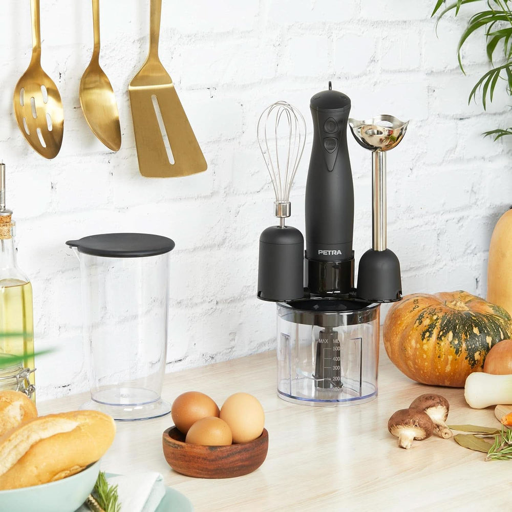Petra PT2827BMBLKVDE 3-In-1 Mixer – Bpa-Free Attachments, 500Ml-Schüssel, 700Ml-Becher, Schneebesen, Mixen, Zerkleinern, 2 Geschwindigkeiten, Edelstahlklingen, Für Babynahrung, Smoothies, Saucen, 350W Mutter und Kind Naty Shop