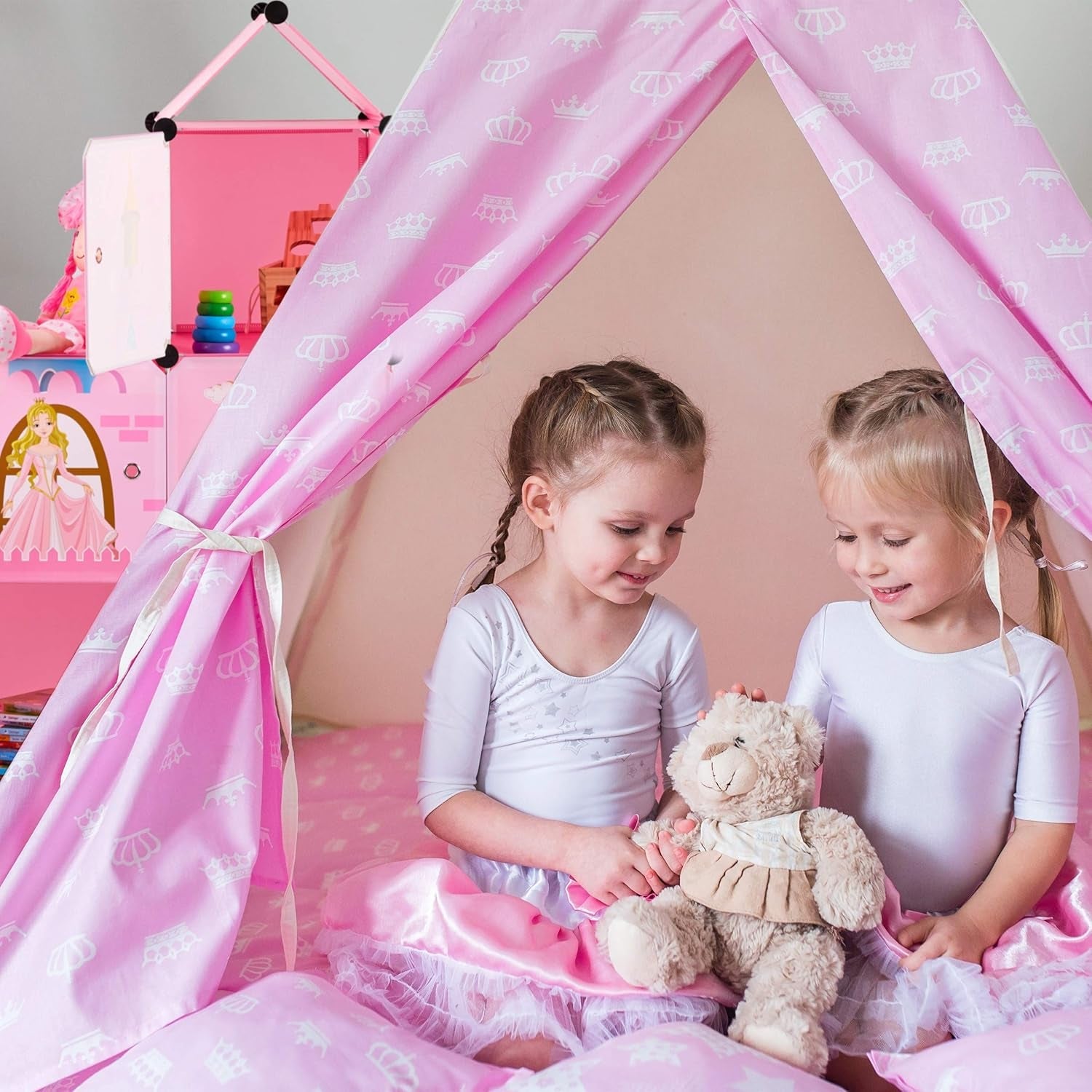 Raft modular Relaxdays pentru camere de copii, design castel prințesă, plastic, dulap DIY cu uși, HL: 128 x 110 x 37 cm, roz