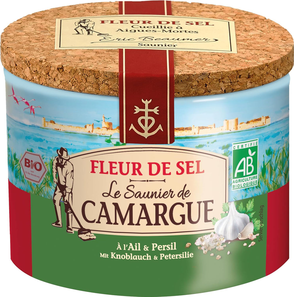 Le Saunier de Camargue Fleur De-Sel Citrone Thymian in 125 g Dosis, Premium Meersalz aus Süd-Frankreich, Ideal als Finishing von Speisen und zum Verfeinern von Gerichten