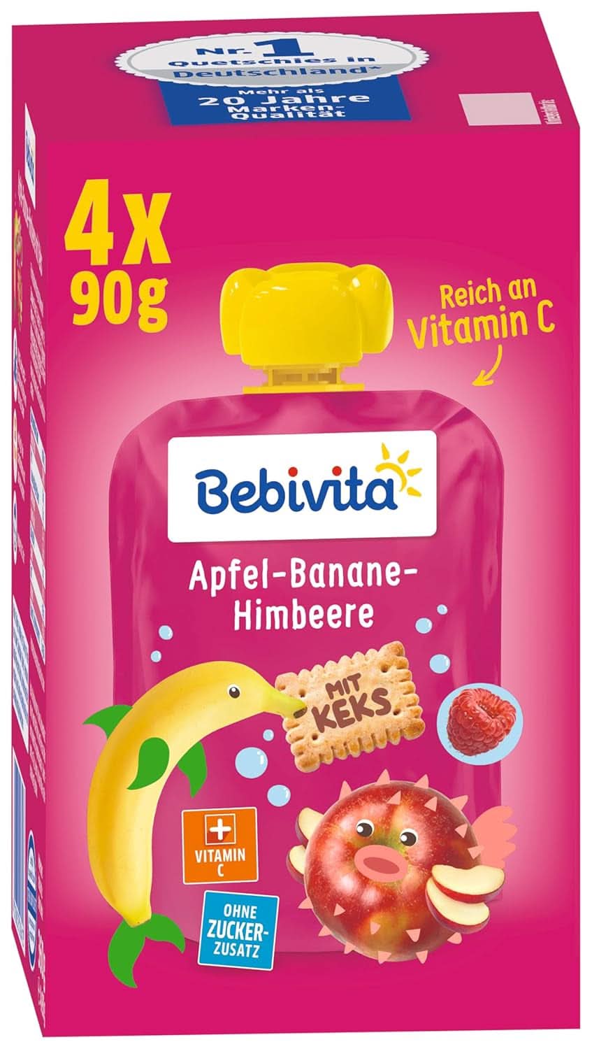 Lustige Früchte und Müsli für Kinder, ganz in Äpfeln-Bananen, 4er-Pack (4 x 90 Gramm) Mutter und Kind Naty Shop Apfel-Bananen-Himbeere mit Keksen