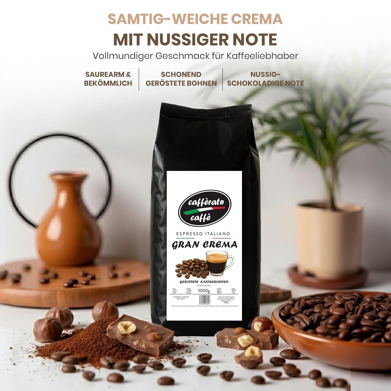 Cafferato Caffè Gran Crema – 1 kg boabe de cafea | Espresso italian | Aciditate scăzută, cu note de nucă și ciocolată | Boabe întregi pentru espresso și specialități de cafea | Cu supapă de aromă
