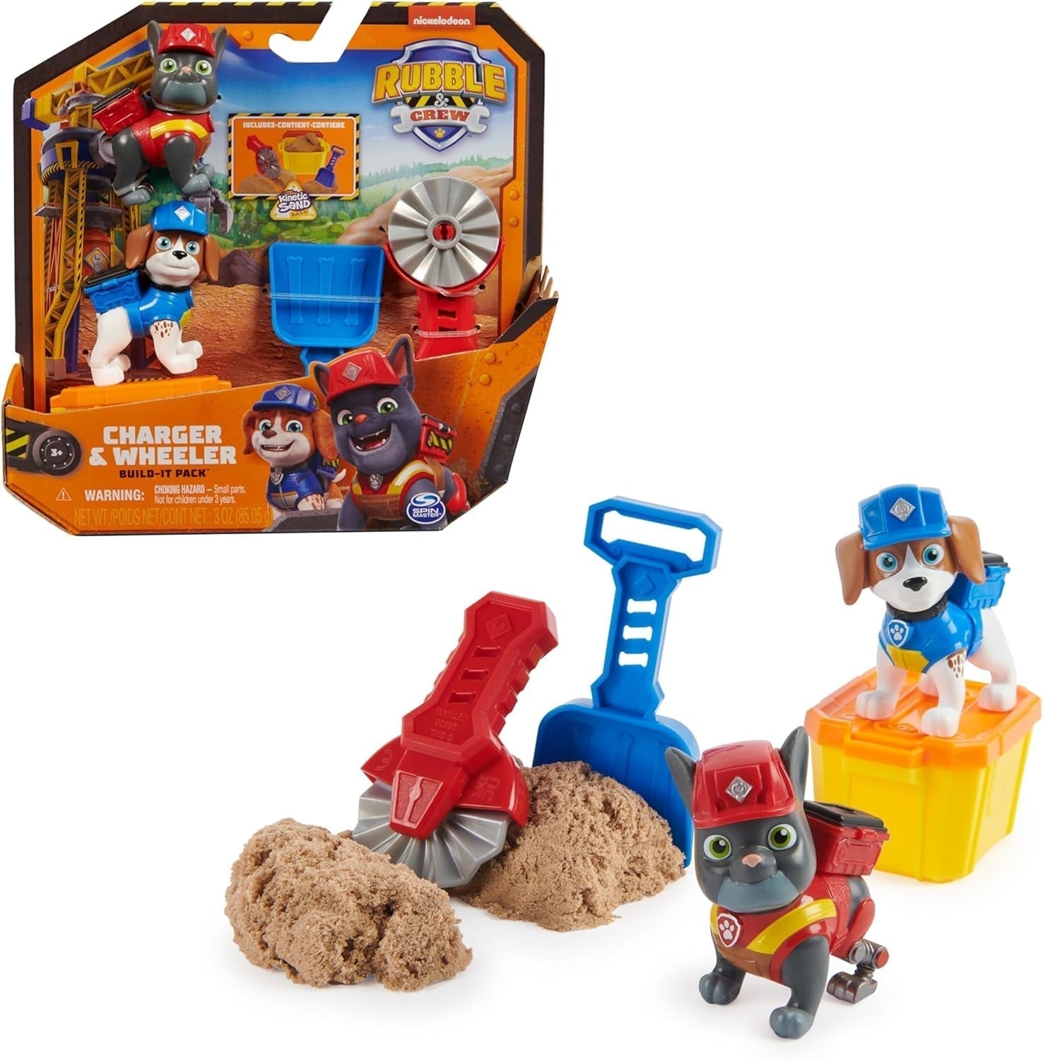 Rubble & Crew – Rubble & Mix Figuren-Actionfiguren-Set, 2 Bauspielzeuge und 85 g kinetischer Bausand, Spielzeug geeignet für Kinder ab 3 Jahren. Actionfiguren Naty Shop Charger Wheeler