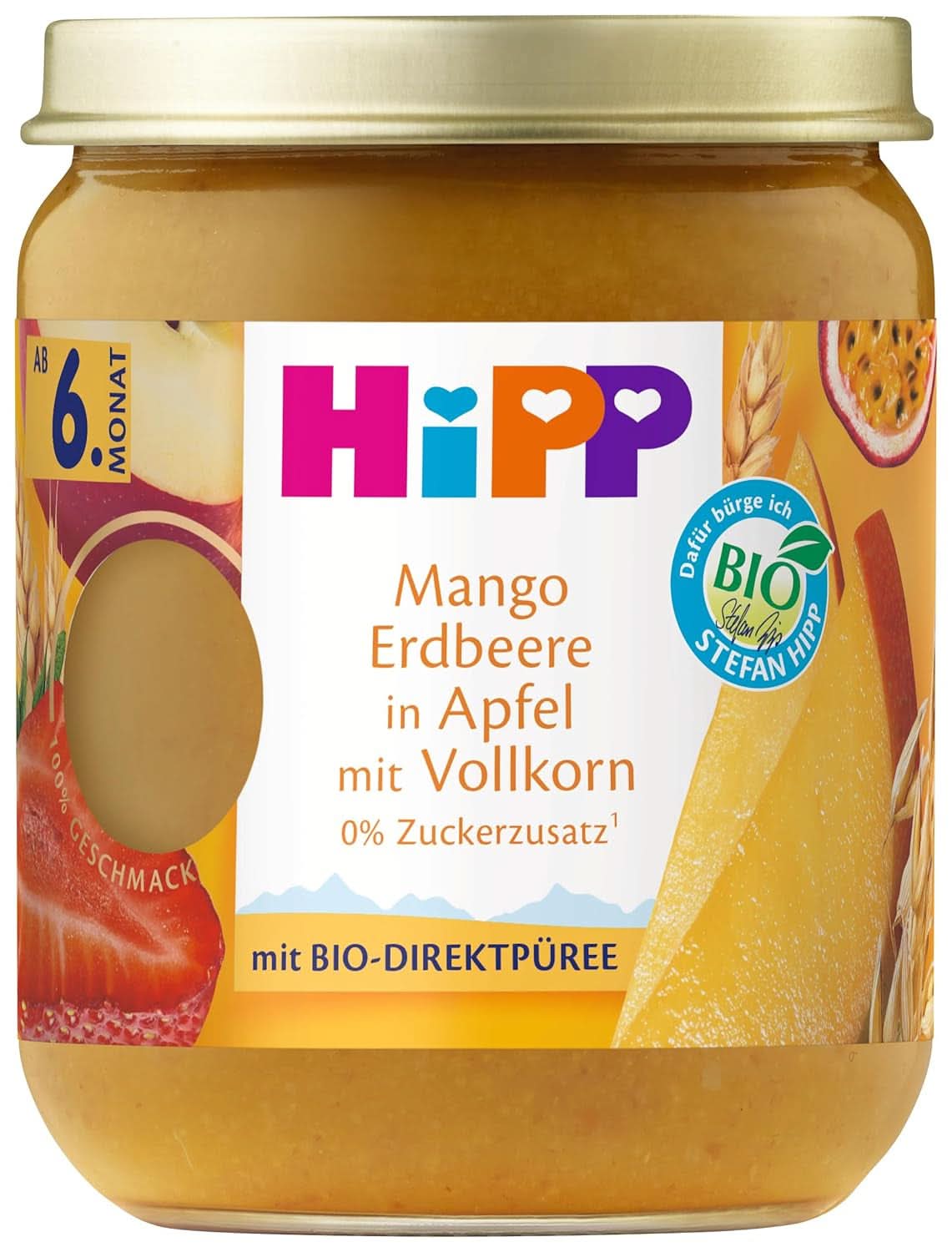 Hipp Bio-Früchte und Getreide Mango-Erdbeer-Apfelmus mit Vollkorn, 6er-Pack (6X160g) Mutter und Kind Naty Shop
