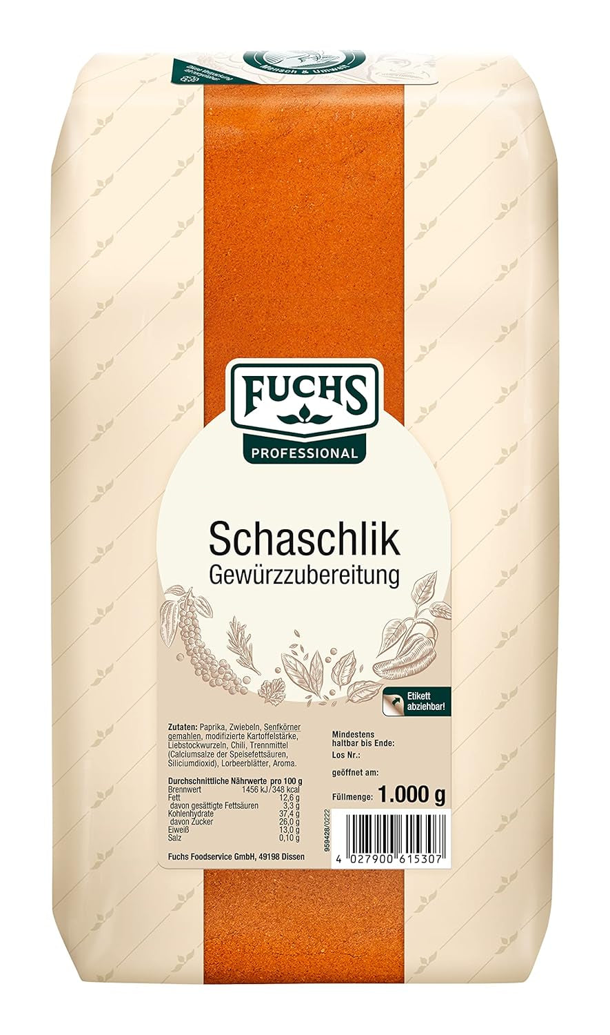 Fuchs Professional - Schaschlik Gewürzmischung | Zum Würzen/Marinieren von gebratenem oder gegrilltem Fleisch | Profi-Qualität für Großverbraucher | 1 kg im recycelbaren Beutel