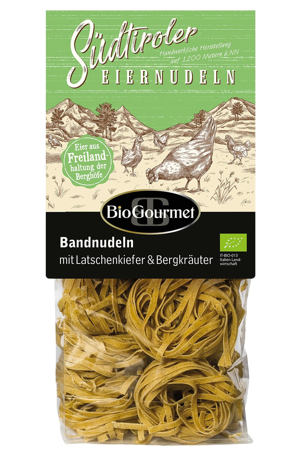 BioGourmet Bandnudeln mit Schüttelbrot aus Südtirol (g.g.A.) | Gesalzene und aromatisierte Eiernudeln mit echtem Südtiroler Speck | 1 x 250g Bio