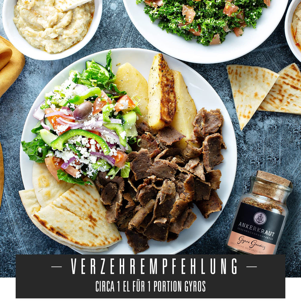 Ankerkraut Gyros, Gewürzmischung für Gyros, egal ob aus der Pfanne oder vom Grill, mit Zwiebel, Knoblauch, Majoran, Kreuzkümmel, Piment und mehr, 80 g im Korkenglas