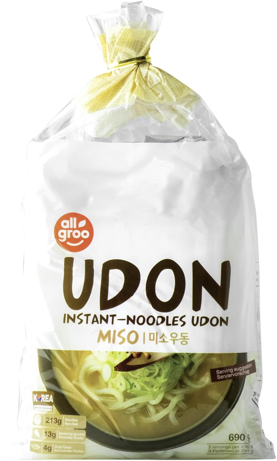 Allgroo Udon Instantnudeln – Miso, Udon-Suppe, würzig, aromatisch, schnelle Zubereitung – enthält 3 Portionen – 1 x 690 g