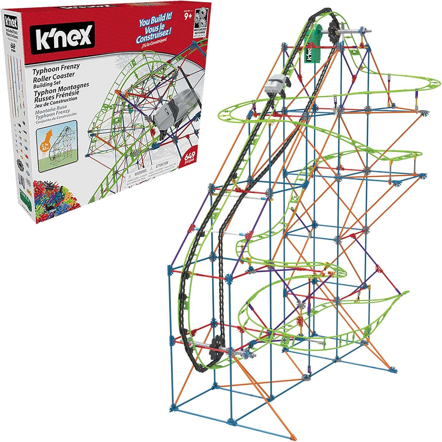 K'NEX 51438 Typhoon Frenzy Achterbahn, 2-in-1-Modell, farbenfrohes Bauset für Jungen und Mädchen, 19-Fuß-Spielzeug, 640-teiliges Kinderbauset für Kinder ab 9 Jahren