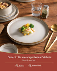 Set de veselă Star cu 18 piese, set de veselă pentru 6 persoane, set de veselă din gresie, rezistent la zgârieturi, potrivit pentru cuptorul cu microunde și mașina de spălat vase, alb cappuccino