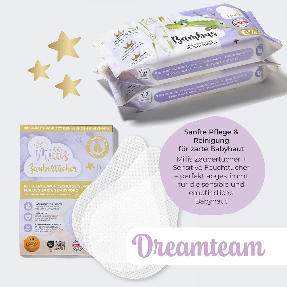 Millis Zaubertücher bei Windeldermatitis Baby, Bekannt aus "Die Höhle der Löwen", 25 Tücher (1 x 25er) mit Aloe Vera, Mandelöl & Q10 - Pflegt, Schützt & dient als Wundschutz bei gereizter Haut