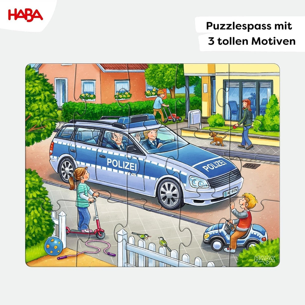 HABA Fire Brigade Puzzle - Set de 3 piese pentru copii cu vârsta de 3 ani și peste, puzzle din carton cu motive de poliție și ambulanță - Promovează abilitățile motorii fine și concentrarea - 1302759001 Puzzle Naty Shop