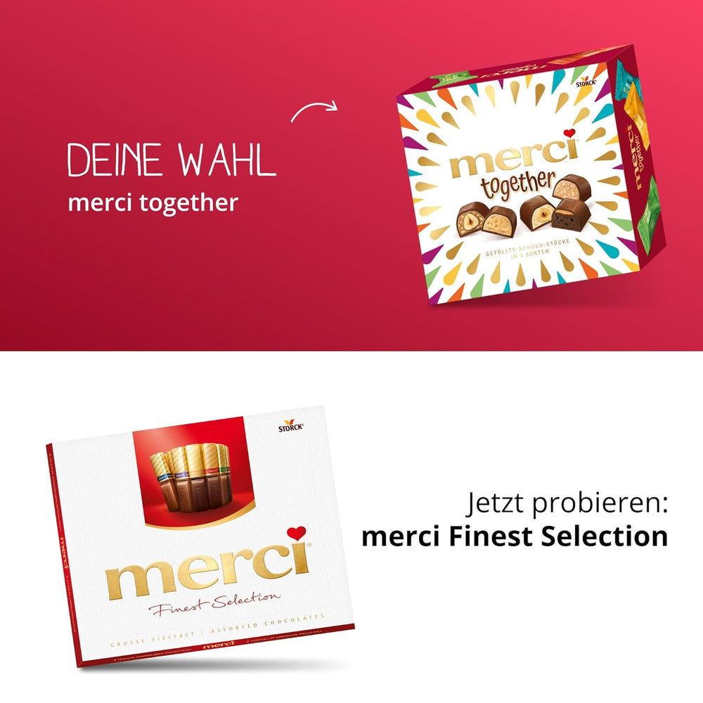 Merci Together – 1 x 175g – Gefüllte Pralinen in fünf Sorten mit feiner Vollmilchschokolade – Schokoladenpralinen zum Teilen und Verschenken