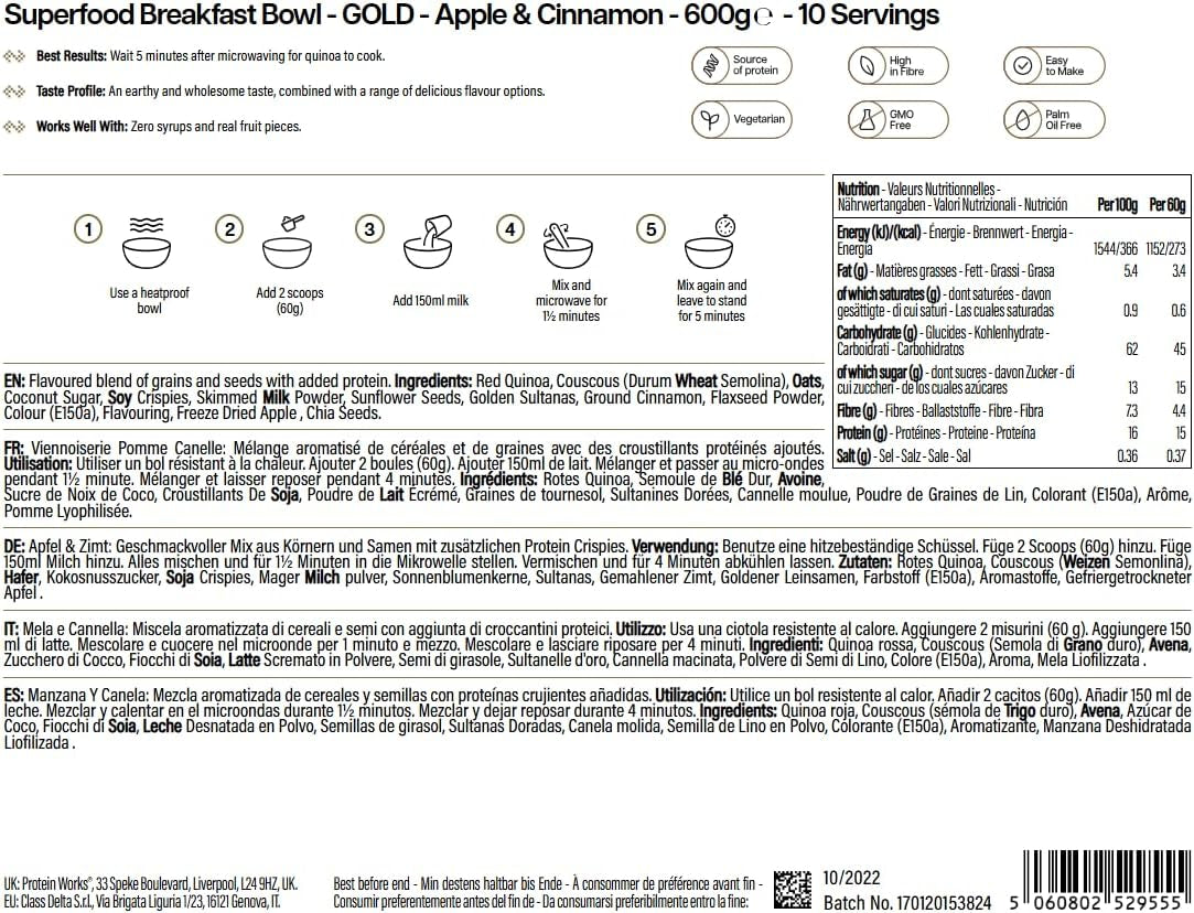 Protein funktioniert | Superfood-Frühstück – GOLD Innovation, preisgekröntes Müsli, Proteinmüsli, nährstoffreich mit Getreide, Samen und Hafer, reich an Ballaststoffen, Apfel und Zimt, 10 Portionen, 600 g