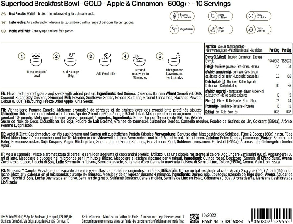 Protein funktioniert | Superfood-Frühstück – GOLD Innovation, preisgekröntes Müsli, Proteinmüsli, nährstoffreich mit Getreide, Samen und Hafer, reich an Ballaststoffen, Apfel und Zimt, 10 Portionen, 600 g