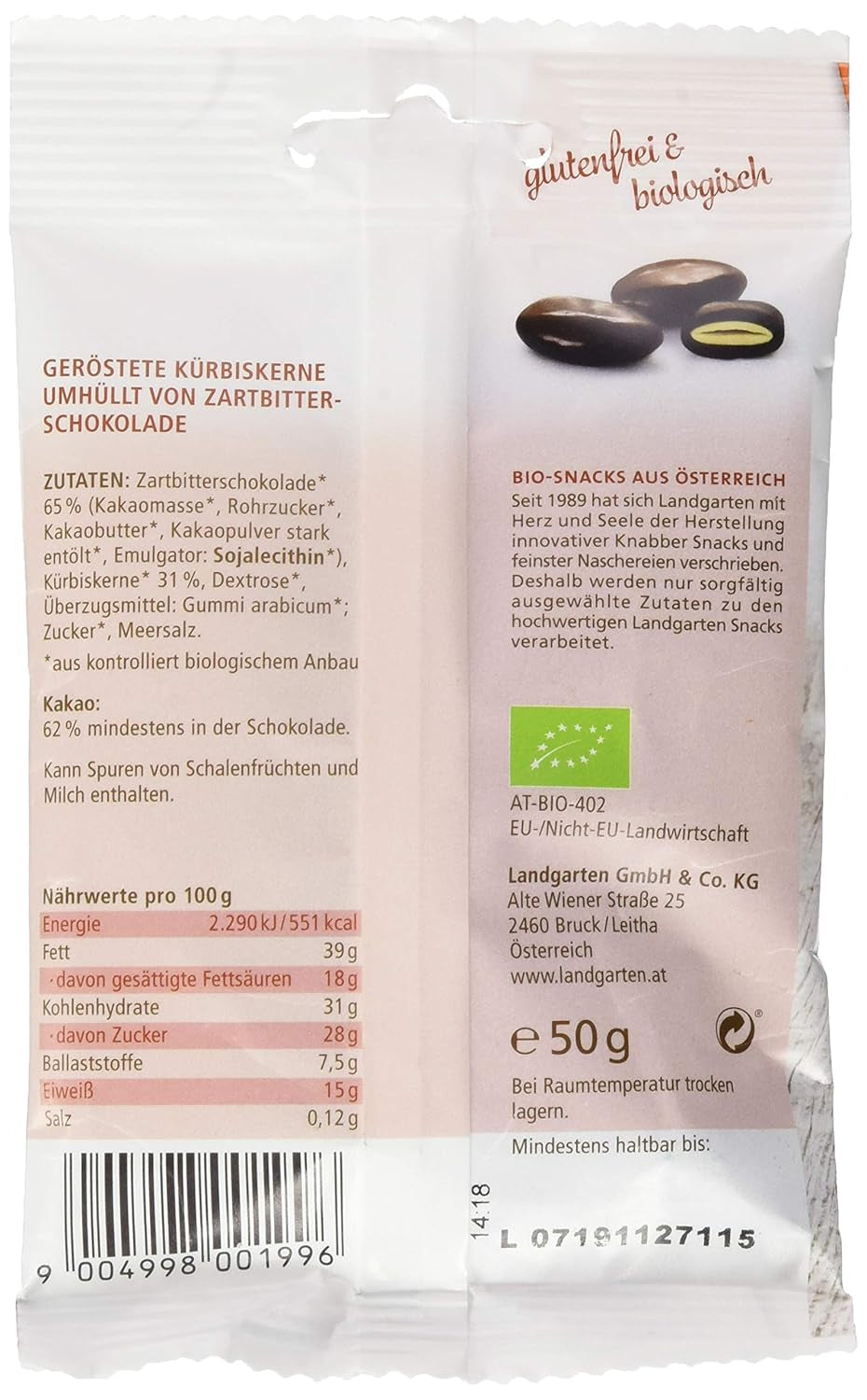 Landgarten Bio-Kürbiskerne in dunkler Schokolade – Veganer gerösteter Kürbiskern-Schokoladensnack – Magnesiumquelle – 1 x 50 g