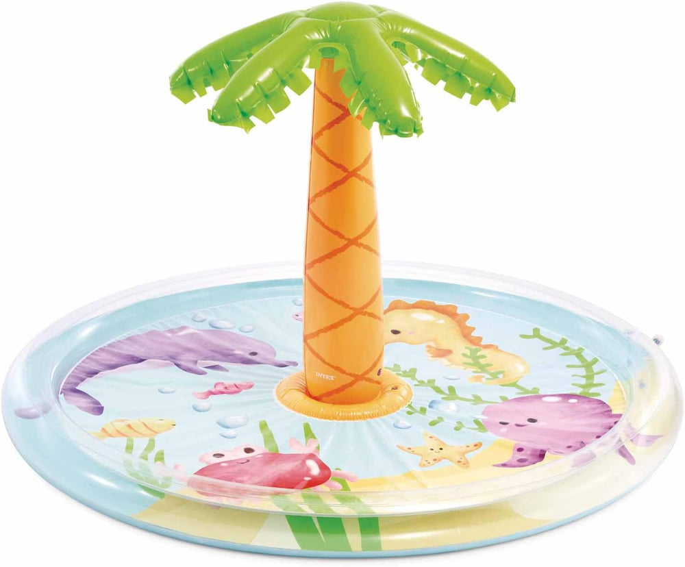 Intex aufblasbarer Kinderpool mit Palmenbrause, Ø 173 x 104 cm, mit Wasserbrause, Schlauchanschluss, Fassungsvermögen 166 L, tropisches Design, strapazierfähiges Vinyl, für Kinder ab 2 Jahren (56433)