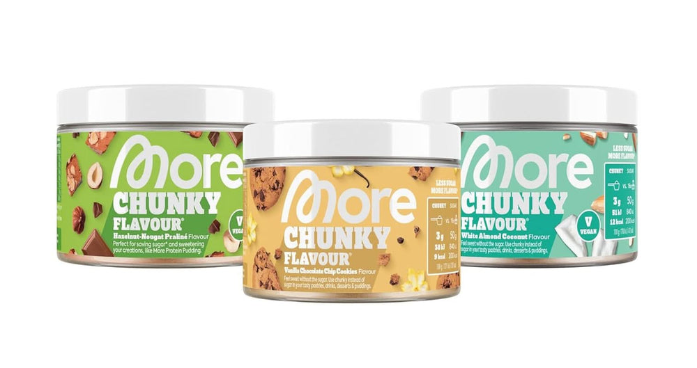 MEHR Chunky Flavour, Blueberry Cheesecake, Aromapulver zum Süßen mit Inulin und Laktase, 150 Gramm Naty Shop Sweeteners 3 x 150 Gramm Gemischt (Schokoladen-Vanille-Kuchen, Kokosnuss mit weißen Mandeln, Walnusspraline)